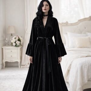🆕 Whimsigoth Black Velvet Robe Kimono Sexy Lingerie Burlesque Vintage Style Long